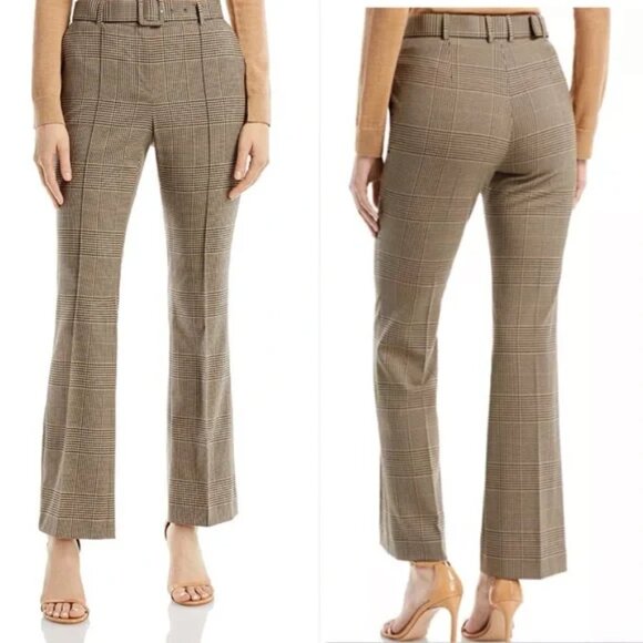 Hugo Boss Tokna Brown Taupe Plaid Strait Fit Boot Cut Optional Belt Pant, Size 2 - Picture 2 of 10